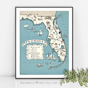 FLORIDA MAP PRINT, carte de décor à la maison, personnalisez-la, carte côtière vintage, cadeau de mariage ou de pendaison de crémaillère, impression d’art de maison de plage, carte de pépinière