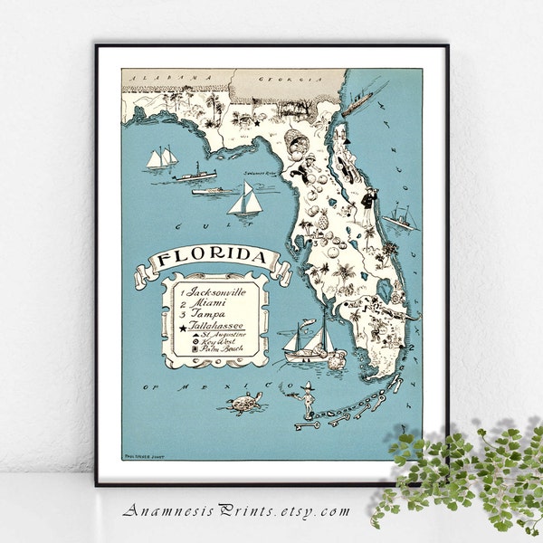 FLORIDA MAP PRINT, home decor map, personalize it, vintage coastal map, wedding or housewarming gift, beach house art print, nursery map