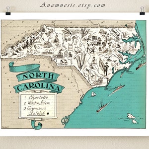 NORTH CAROLINA MAP - impression de carte vintage - carte d’image - Dessin-modèle de carte de la Caroline du Nord - oeuvre d’art côtière - décor de maison de plage - décor de mur