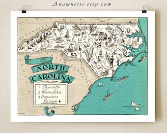 NORTH CAROLINA MAP - vintage map print - picture map - North Carolina map artwork - coastal artwork - beach house decor - wall decor
