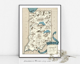 INDIANA MAP PRINT - size & color choices - personalize it - vintage map for many gift occasions - lovely pictorial map for home and office