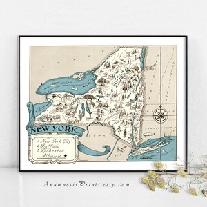 NEW YORK MAP Print - charming vintage map of New York - lovely print to frame - 3 sizes and 16 color choices - may be personalized
