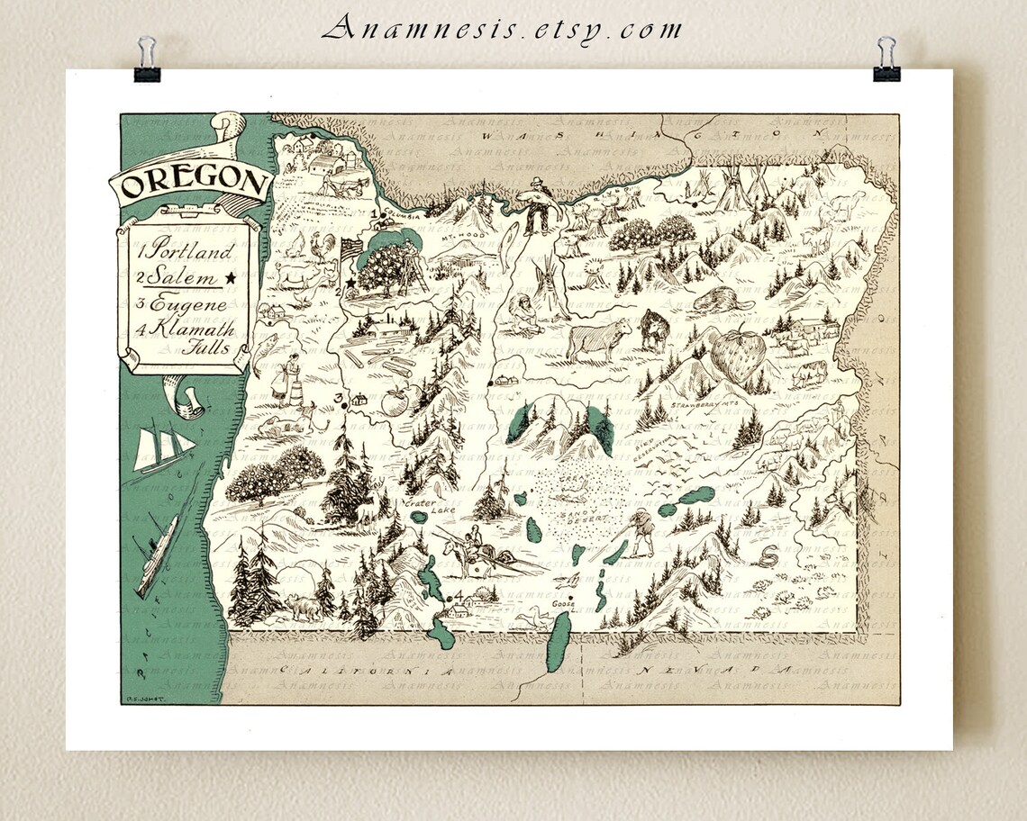 OREGON MAP PRINT - Lovely Pictorial Map to Frame - 3 Sizes & 16 Color ...