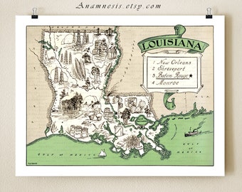 LOUISIANA MAP PRINT - vintage pictorial map wall decor - size & color choices - personalize it - perfect gift idea for many occasions