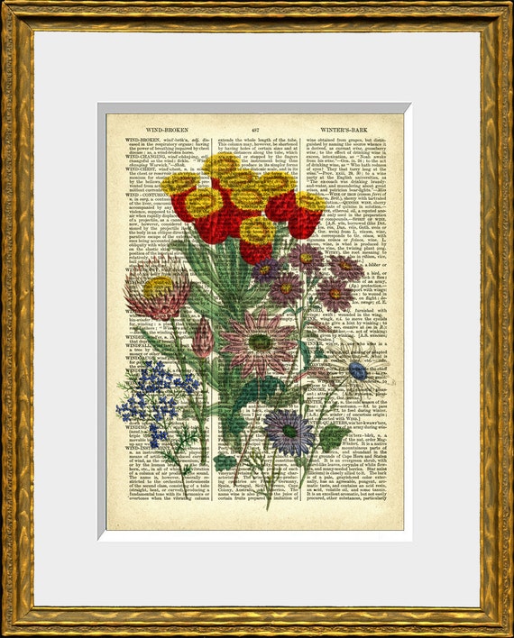 Dictionary Art FLOWER BOUQUET 4 recycled book page print | Etsy