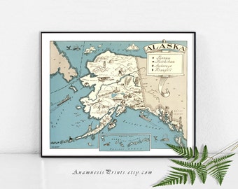 ALASKA MAP PRINT - size & color choices - personalize it - vintage pictoria map art print - perfect for many gift occasions - home decor