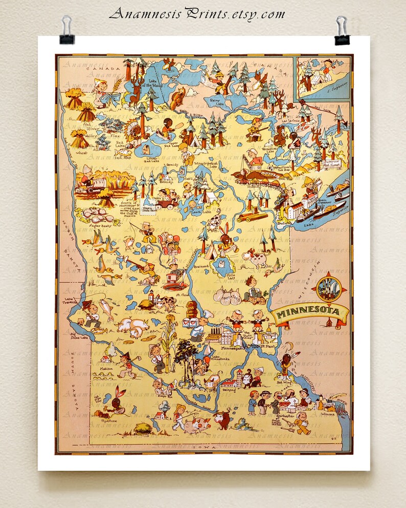 MINNESOTA MAP PRINT Vintage 1930's Picture Map Print for - Etsy