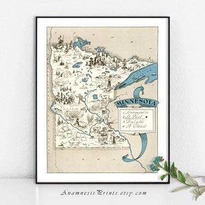 MINNESOTA MAP PRINT- size & color choices - personalize it - vintage illustrated pictorial map - a perfect gift for many occasions