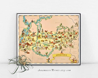 TENNESSEE MAP PRINT - vintage 1930's picture map to frame - Tennessee pictorial map wall decor - gift idea for many occasions - home decor