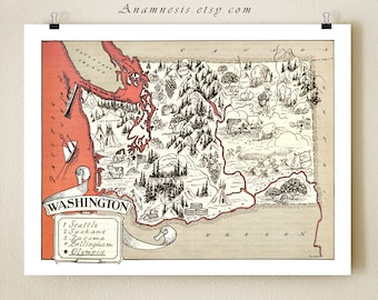 WASHINGTON MAP PRINT - charming vintage picture map to frame - perfect housewarming or wedding gift - size & color choices - personalize it