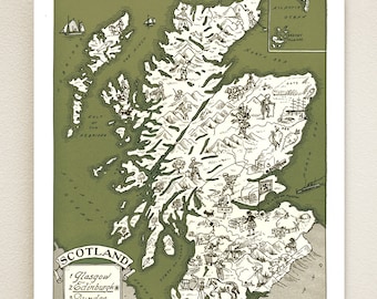 SCOTLAND MAP PRINT - charming vintage picture map of Scotland - lovely print to frame in 3 sizes and 16 color choices - may be personalized