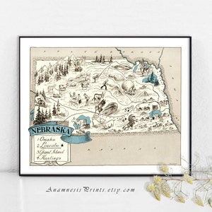 NEBRASKA MAP PRINT - pictoral vintage map - lovely print for framing - size and color choices - may be personalized - wedding gift idea