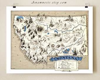 MONTANA MAP PRINT - vintage picture map - wedding gift idea - size & color choices - can be personalized - illustrated map - wall decor