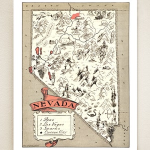 NEVADA MAP PRINT - vintage picturale kaart voor framing - huwelijkscadeau idee - maat & kleur keuzes - kan gepersonaliseerd worden - slaapzaal art print