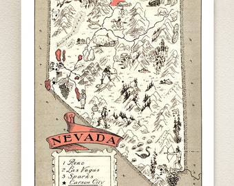 NEVADA MAP PRINT - vintage pictorial map for framing - wedding gift idea - size & color choices - can be personalized - dorm room art print
