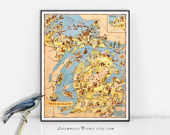 MICHIGAN MAP PRINT - vintage picture map to frame - whimsical housewarming gift - illustrator Ruth Taylor White - fun vintage home decor