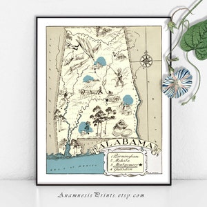 ALABAMA PICTURE MAP - taille et choix de couleurs - personnalisez-le - impression d'art de carte vintage - cadeau parfait de mariage ou de pendaison de crémaillère - décor à la maison d'amusement