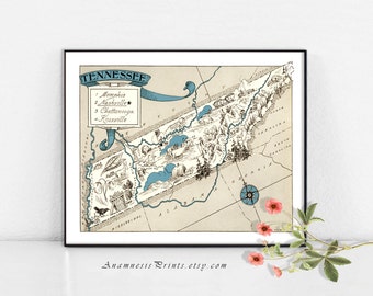 TENNESSEE MAP PRINT - framable vintage pictorial map - perfect gift for many occasions - personalize it - size and color choices - wall art