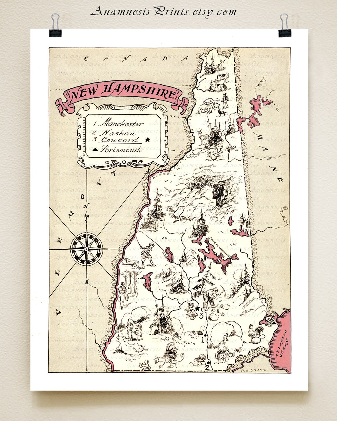 NEW HAMPSHIRE MAP Vintage Picture Map Print to Frame Fun Etsy