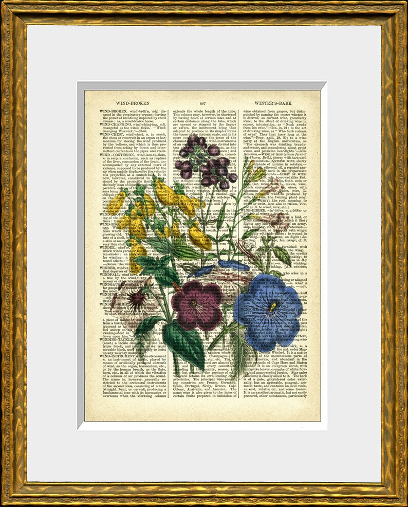Floral Dictionary Page Art FLOWER BOUQUET 8 an upcycled | Etsy