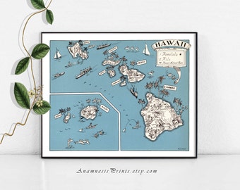 HAWAII MAP PRINT - size & color choices - personalize it - fun vintage map to frame - perfect gift for many occasions - Hawaii home decor