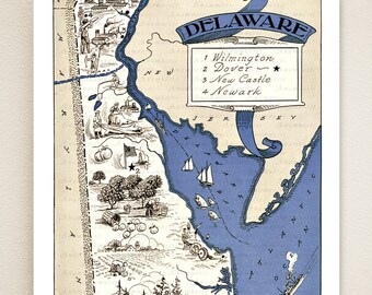 DELAWARE MAP PRINT - shown in periwinkle blue - may be personalized- vintage map print - perfect gift idea for many occasions - wall art