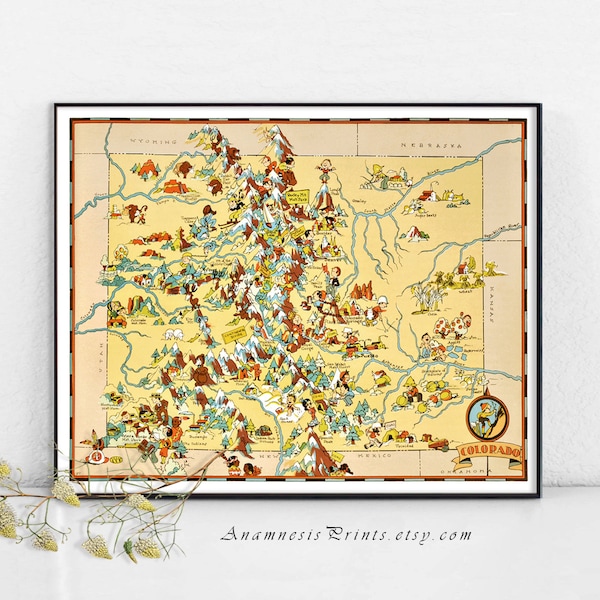 COLORADO MAP PRINT - vintage 1930's picture map to frame - perfect housewarming or wedding gift - fun vintage home decor