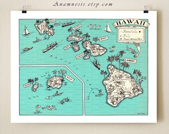 HAWAII MAP PRINT - muur kunst - turquoise blauw - gepersonaliseerde kunstwerken - huwelijkscadeau idee - vintage kaart - Hawaiiaanse home decor - kustkunst