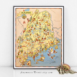 MAINE MAP Druck - bildliche Karte von Maine für die Gestaltung und Verschenken - illustriert von Ruth Taylor weiß - Vintage Wohnkultur - Spaß Wandkunst