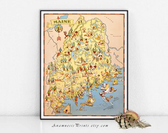 MAINE MAP PRINT - pictorial map of Maine for framing and gifting - illustrated by Ruth Taylor White - vintage home decor - fun wall art