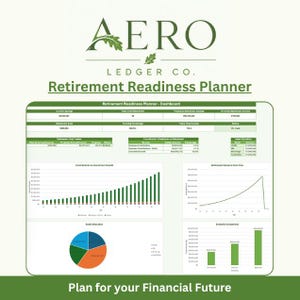 Könnte beinhalten: Ein digitales Dashboard mit dem Titel Aero Ledger Co. Retirement Readiness Planner, das Finanzdatentabellen, Balkendiagramme, ein Liniendiagramm und ein Kreisdiagramm zur Planung des Ruhestands sowie zur Vermögensallokation darstellt.