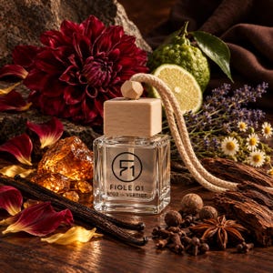 May include: A square glass fragrance bottle with a light wood cap and a hanging rope. The bottle features a circular logo with the text FIOLE 01 and N°02 - VERTIGE printed in black. The bottle is surrounded by dark red dahlia petals, vanilla beans, amber stones, star anise, cloves, lavender, chamomile, and a lime.