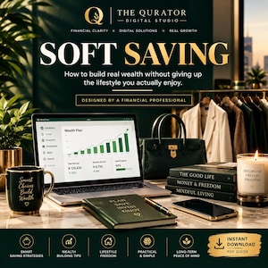 May include: A digital product advertisement featuring a laptop displaying a wealth plan dashboard, a dark green notebook, a black handbag, a mug with the text Smart Choices Build Wealth, and a candle labeled Discipline Creates Freedom.