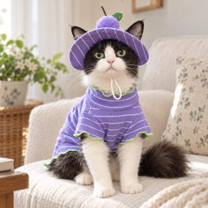 May include: A black and white cat wearing a purple striped shirt with a lettuce-edge hem and a matching purple striped sun hat featuring a purple pom-pom and a small green leaf on top. The hat includes a white chin strap to secure it in place.