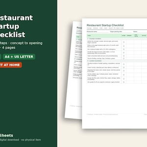 Può includere: Una lista di controllo digitale per l'avvio di un ristorante con oltre 50 passaggi su 4 pagine. Il documento bianco include sezioni per concetto, numeri e posizione, con caselle di controllo per le attività. La barra laterale verde scuro mostra il titolo.