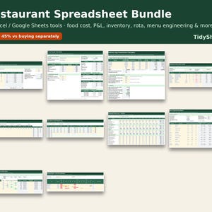 May include: A digital bundle of 10 restaurant management spreadsheets for Excel and Google Sheets, featuring tools for food cost, P&L, inventory, rota, and menu engineering, displayed as a collection of document previews on a light background.