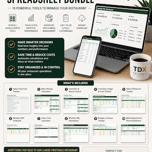 Restaurant Spreadsheet Bundle | 10 Excel Google Sheets Templates: Food Cost, Inventory, Shift Schedule, P&L, Menu Engineering, Sales Log