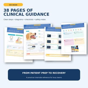 Peut inclure: Un document de conseils cliniques de 38 pages avec des étapes claires, des diagrammes, des listes de contrôle et des notes de sécurité. Les pages présentent des procédures dentaires vétérinaires, l'anatomie dentaire et la récupération.