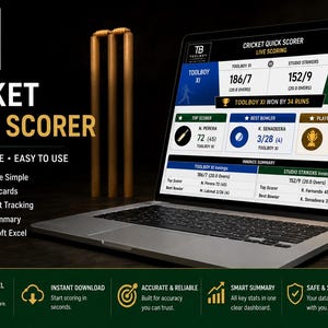 May include: A laptop displaying the Cricket Quick Scorer software interface with live match statistics, scores, and player details. A red cricket ball and wooden wickets are positioned nearby, with text detailing features like live scoring and Excel compatibility.