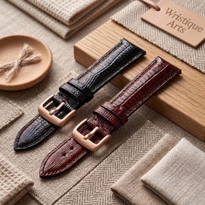May include: Two watch straps with a textured lizard-skin pattern, one in black and one in dark brown, each featuring a rose gold-toned metal buckle. The straps are displayed alongside a tan leather tag embossed with the text Wristique Arts.