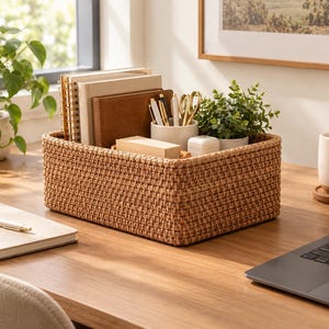 May include: A rectangular woven storage basket made of light brown natural fibers. The basket contains several notebooks, a white ceramic cup holding pens and gold scissors, a small rectangular wooden block, and a small potted green plant.