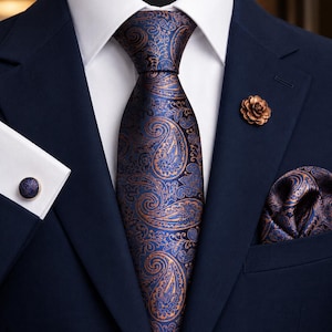Puede incluir: Una chaqueta de traje azul marino con camisa blanca, corbata con estampado de cachemira en azul y cobre, pañuelo de bolsillo a juego, un pin de solapa en forma de flor color cobre y un gemelo circular con patrón de cachemira azul y cobre.