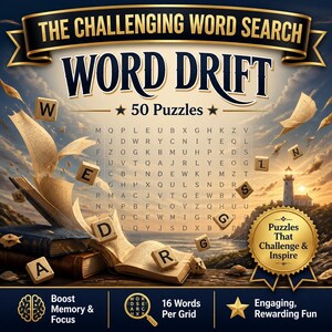 Puede incluir: Una portada de libro titulada THE CHALLENGING WORD SEARCH WORD DRIFT 50 Puzzles con una cuadrícula de letras, fichas de madera flotantes, un libro abierto y un faro al atardecer. El texto incluye Puzzles That Challenge & Inspire, Boost Memory & Focus y 16 Words Per Grid.