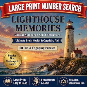May include: A large print number search book cover titled Lighthouse Memories, Coastal Numbers & Quiet Reflections. It features a lighthouse on a rocky cliff at sunset, with text stating 50 Fun & Engaging Puzzles and Puzzles That Challenge & Inspire.