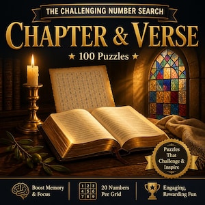 Może przedstawiać: Książka zatytułowana The Challenging Number Search Chapter & Verse 100 Puzzles z siatką liczb, otwartą książką ze złoconymi stronami, zapaloną świecą w mosiężnym świeczniku oraz witrażem w tle z napisem w kolorze złotym.