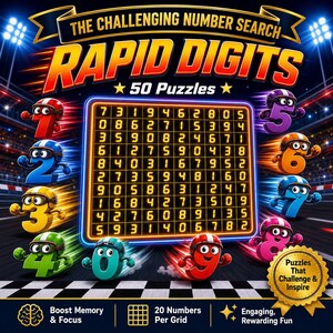 May include: A game cover titled The Challenging Number Search Rapid Digits 50 Puzzles featuring a central grid of glowing orange numbers, surrounded by cartoon-style animated digits wearing racing helmets on a checkered racetrack background.