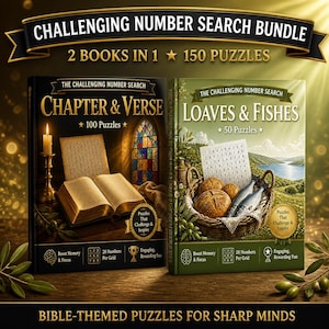 Może przedstawiać: Zestaw książek Challenging Number Search zawierający dwa tytuły: Chapter & Verse ze 100 łamigłówkami oraz Loaves & Fishes z 50 łamigłówkami. Okładki przedstawiają otwartą księgę ze świecą oraz kosz z chlebem i rybami, z napisem Bible-Themed Puzzles for Sharp Minds.