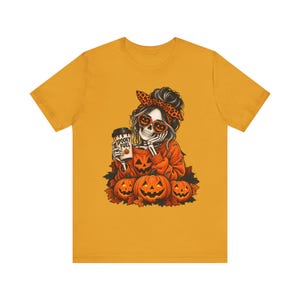 Skeleton Girl with Pumpkins Tee | Halloween Skull Coffee Illustration