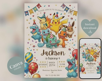 Editable Yellow Monster Birthday Invitation, Anime Gamer Party Invite, Pocket Creature Bday Template, Instant Digital Download