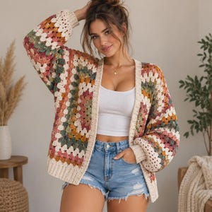 May include: A long-sleeve crochet cardigan featuring a multi-coloured granny square pattern in shades of cream, sage green, mustard yellow, and dusty rose. The open-front garment has ribbed cream cuffs and a matching ribbed hem and front trim.